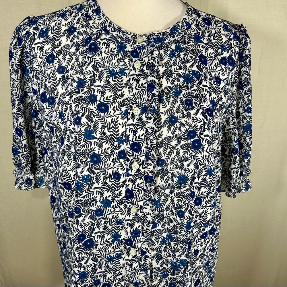 J.Crew Blue Floral Crinkle Puff-Sleeve Ruffle Button-Up Top - Picture 7 of 16